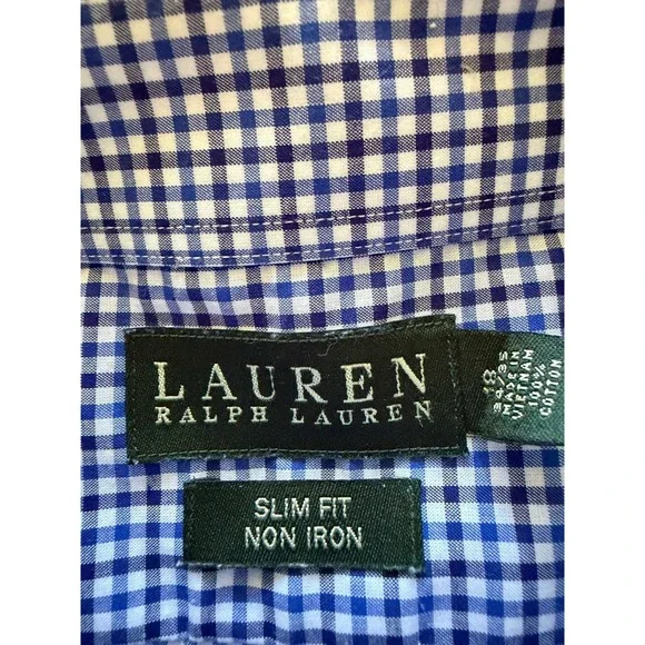 Lauren Ralph Lauren Slim Fit Non-Iron Blue Check Dress Shirt 18 34/35 - Picture 10 of 12